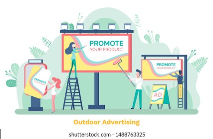 Outdoor Advertising, Promote Your Product. Man And Woman Standing On Stairs Near Billboard Or Ad Poster, Public Information On Board, Advertisement. Vector Illustration In Flat Cartoon Style