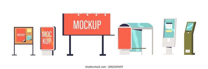 Outdoor advertising set for street city promotion with placards and posters on billboards, signboards, bus station and information touch screens. Cartoon flat vector illustration