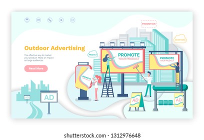 Outdoor advertising vector, billboard announcements. Website or webpage template, landing page flat style, business marketing on boards cityscape