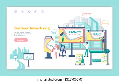 Outdoor advertising vector, website or webpage template, landing page flat style. Billboard with information , banner and boards, bus stop with ads