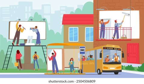 Outdoor Advertising Workers Installing Billboards In An Urban Environment. Image Portrays Characters Teamwork, Public Transport, And Advertising Efforts In A Bustling City. Cartoon Vector Illustration