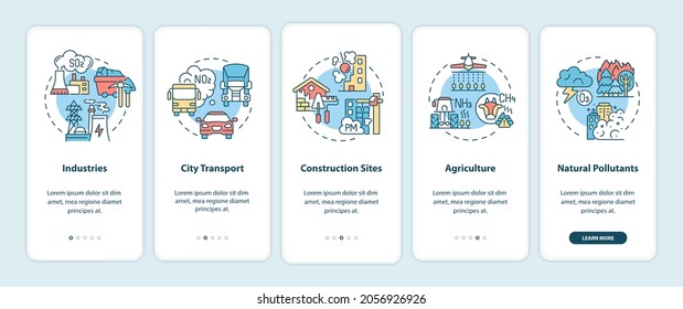 Outdoor air pollutants onboarding mobile app page screen with concepts. Industry, construction walkthrough 5 steps graphic instructions. UI, UX, GUI vector template with linear color illustrations