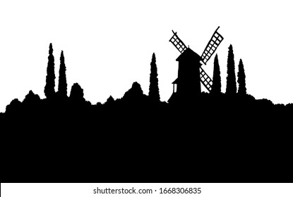 Outdoor antique autumn hill garden path scene big grind food rye grain barn scenic view text space on white sky. Outline black hand drawn picture design engrave. art doodle cartoon line logo icon sign