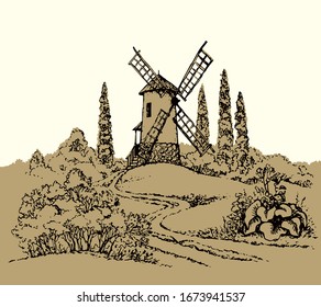 Outdoor antique autumn hill garden path scene big grind food rye grain barn scenic view text space on white sky. Outline black hand drawn picture design engrave. art doodle cartoon line logo icon sign