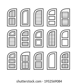 Outdoor Arc Window Wooden Shutters. Line Icon Set. Old French Arched Window Blinds For House And Cottage. Exterior Decorative Elements. Isolated Objects On White Background