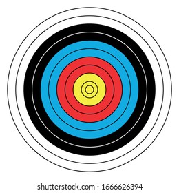 Outdoor archery target in traditional colors - yellow, red, blue, black and white. Vector illustration.