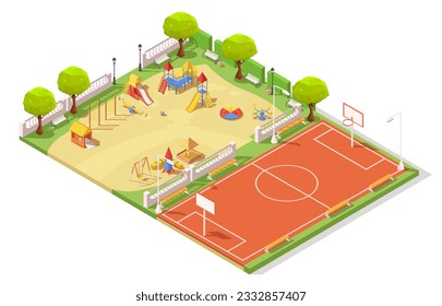 Outdoor area for sport activity, children playground and basketball court, game, leisure, kid, sandpit, swing, slide, field, street. Public play courtyard. Isometric vector illustration