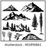 Outdoor Art Hand drawn nature pines cones mountains landscape black and white vector illustration board
