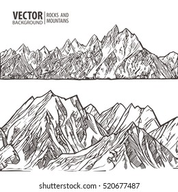 Outdoor Art Hand drawn nature. Mountains landscape black and white. Vector illustration board.