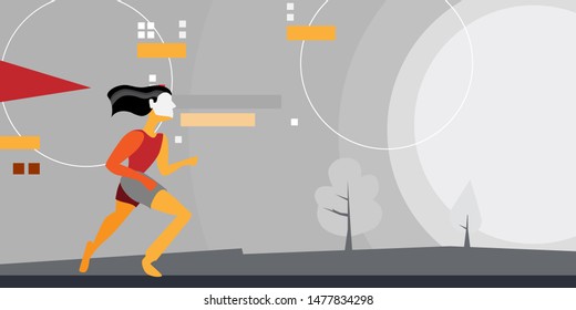 Outdoor Athletes, Girl Running. Woman Doing Jogging And Exercise, Healthy Lifestyle. Soviet Poster Style Illustration, Avant-garde