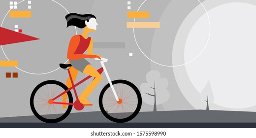 Outdoor Athletes. Woman Cyclist Rides Forward On A Bike, Healthy Lifestyle. Soviet Poster Style Illustration, Avant-garde