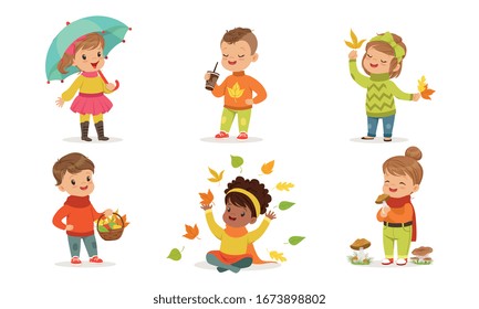 Outdoor Autumn Activities Collection, Cute Boys and Girls Having Good Time, Walking and Playing Wearing Warm Autumnal Clothes Vector Illustration