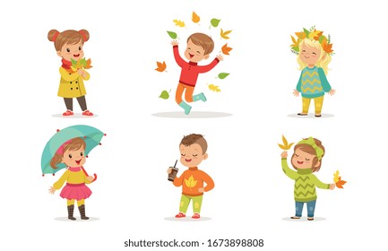 Outdoor Autumn Activities Collection, Cute Boys and Girls Having Good Time, Walking and Playing Wearing Warm Clothes Vector Illustration