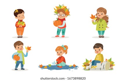 Outdoor Autumn Activities Collection, Cute Boys and Girls Playing with Autumn Leaves, Collecting Mushrooms Vector Illustration
