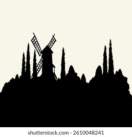 Outdoor autumn hill garden path scene grind food rye grain barn scenic view white sky text space. Outline black ink hand drawn picture culture design engrave age art doodle cartoon line logo icon sign