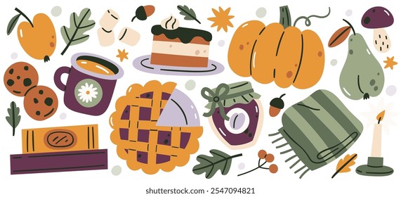 Comida de picnic de otoño al aire libre y bocadillo, Elementos de descanso y pasatiempo, artículos románticos y acogedores, colorido conjunto dibujado a mano. Tarta de calabaza, bebida de té de café, a cuadros, libros, galletas, tarro de mermelada Ilustración vectorial