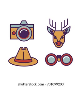 
outdoor autumn yellow red equipment camera and ranger hat to see a deer with binocular