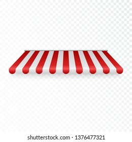Outdoor awnings. Striped tent or textile roof for retail shop. Red and white sunshade. Vector illustration