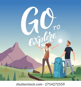 Outdoor background. lettering with go to explore worlds. vector landscape with big cartoon mountain