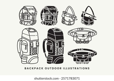 outdoor backpack, carrier bag, waist bag, sling bag, survival tool, axes outline and filled solid style icon element designs collection set for adventure, camping, explorer, mountaineering