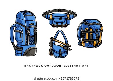 outdoor backpack, carrier bag, waist bag, sling bag, survival tool, axes colorful doodle illustration vector element design collection set for adventure, camping, explorer, mountaineering