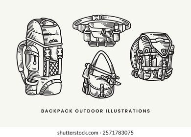 outdoor backpack, carrier bag, waist bag, sling bag, survival tool, axes hatching engraving illustration vector element designs collection set for adventure, camping, explorer, mountaineering