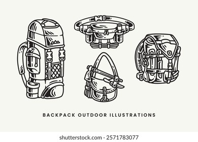 outdoor backpack, carrier bag, waist bag, sling bag, survival tool, axes vintage outline illustration vector element designs collection set for adventure, camping, explorer, mountaineering