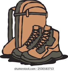 Outdoor Backpack and shoes orange vector illustration