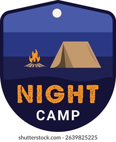 Outdoor badge in dark blue theme with campfire