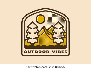 Outdoor badge design of mountain and pine trees in vintage style