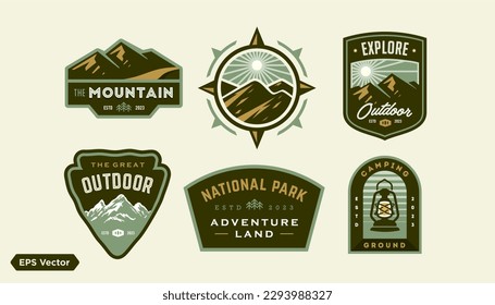 Outdoor badge logo collection. mountain adventure hipster badges. Set of Vintage Outdoor mountains Logo Patches. vector emblem designs. Great for shirts, stamps, stickers logos and labels.