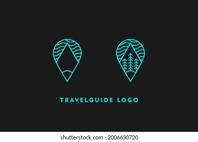 Outdoor badge simple circle logo icon in outline monoline. line style with sun, trees, mountain, and lake.minimalist line art logo template vector illustration design