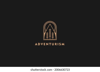 Insignia al aire libre icono del logotipo de círculo simple en la monolina de contorno. estilo de línea con sol, árboles, montaña y lago.diseño de ilustración de vectores con logotipo de línea minimalista