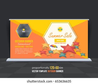Outdoor Banner Summer Season Vector Background. Holiday Concept Advertising Design with Image Add Feature, Business Elements and Print Ready Ad or Website Horizontal Template