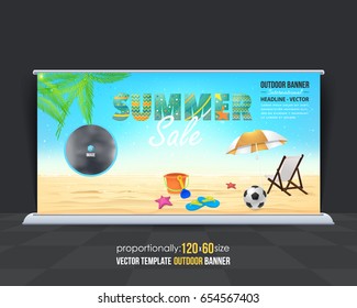 Outdoor Banner Summer Season Vector Background. Holiday Concept Advertising Design with Image Add Feature, Business Elements and Print Ready Ad or Website Horizontal Template