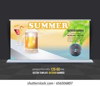 Outdoor Banner Summer Season Vector Background. Holiday Concept Advertising Design with Image Add Feature, Business Elements and Print Ready Ad or Website Horizontal Template
