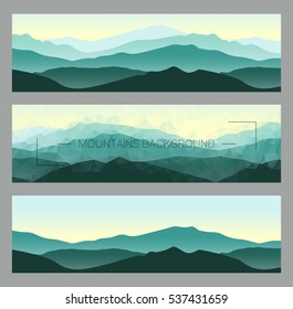 Outdoor banners with mountain ridges. Horizontal nature backgrounds. Vector illustration for hiking and travelling.