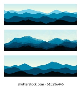 Outdoor banners with mountain ridges. Horizontal nature backgrounds. Vector illustration for hiking and travelling.