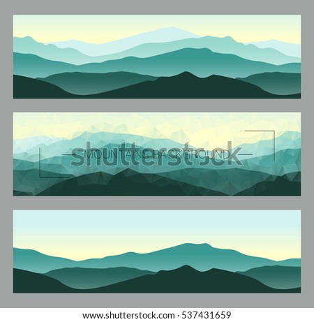 Outdoor banners with mountain ridges. Horizontal nature backgrounds. Vector illustration for hiking and travelling.