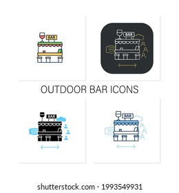 Iconos de barra al aire libre.Comedor al aire libre. Distancia forzada.Regulación a través de covid19. Restaurantes nuevo normal.Colección de iconos en estilos de color lineales, rellenos.Isolación de ilustraciones vectoriales