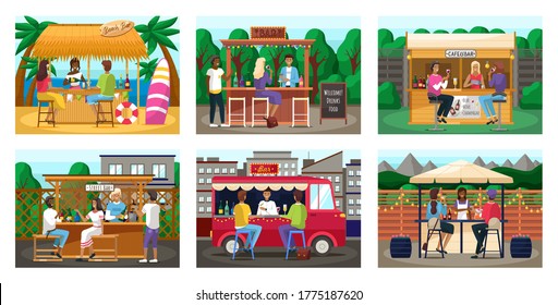 Outdoor bar set. Street cafe on beach. Restaurant terrace with outdoor bar. Park with outside cafeteria in urban city landscape. Wheeled cafe with tables and people drinking coffee and alcohol