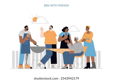 Outdoor barbecue gathering illustration. Friends enjoy grilling and socializing on a sunny day. Casual cookout, cheerful conversations, and shared meals. Vector illustration.