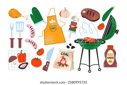 Outdoor barbecue and picnic elements. Grill, fried meat, steak, BBQ, chef's apron, vegetables. Set of tools for cooking meat on an open fire. Vector stickers in cartoon retro style