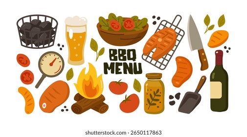 Outdoor barbecue and picnic elements. Grill, fried meat, steak, BBQ, chef's apron, vegetables. Set of tools for cooking meat on an open fire. Vector stickers in cartoon retro style