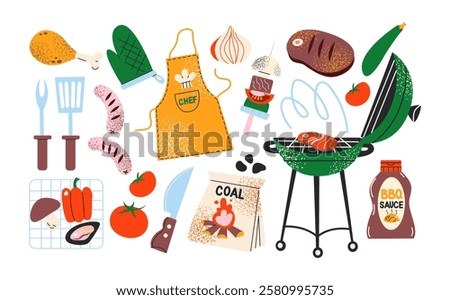 Outdoor barbecue and picnic elements. Grill, fried meat, steak, BBQ, chef's apron, vegetables. Set of tools for cooking meat on an open fire. Vector stickers in cartoon retro style