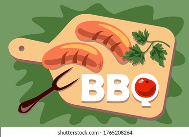 outdoor barbecue, sausages, greens and tomato, vector illustration