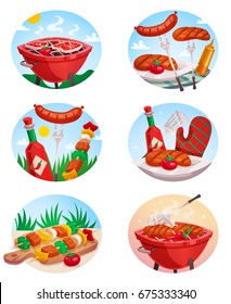 Outdoor barbecue set of isolated round compositions with bbq grill meat sauces and sky with clouds vector illustration