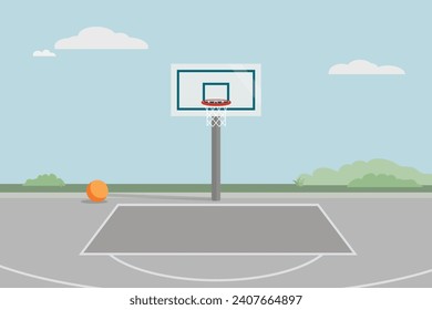 Outdoor basketball court vector illustration. Minimal flat style, empty background scene graphic. 