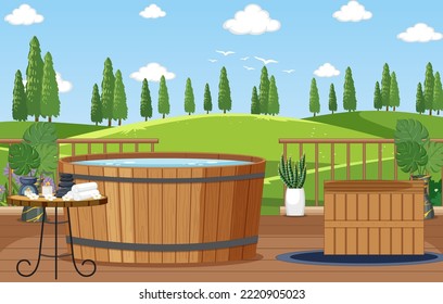 Ilustración de la escena del spa con bañera de hidromasaje al aire libre