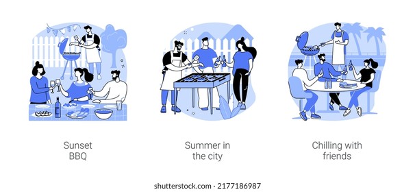 Outdoor BBQ isolated cartoon vector illustrations set. Diverse happy people having BBQ party on the sunset, grill meat together, city barbecue, chilling with friends outdoors vector cartoon.